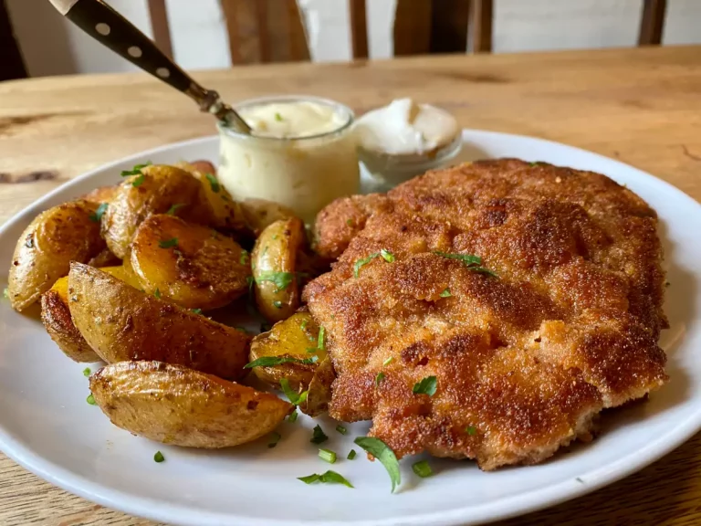 Kochkäs’ Schnitzel mit Röstkartoffeln
